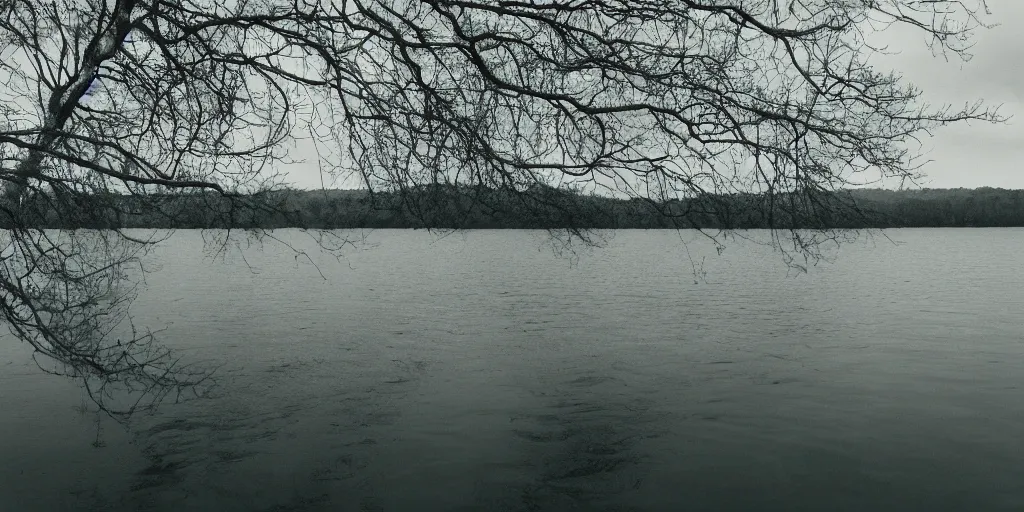 Image similar to symmetrical photograph of a very long rope on the surface of the water, the rope is snaking from the foreground stretching out towards the center of the lake, a dark lake on a cloudy day, trees in the background, anamorphic lens