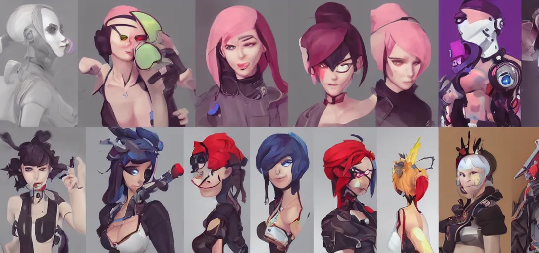 Prompt: concept art of female video game characters head designs, punk, disgaea, flcl, overwatch, by marc brunet and artgerm