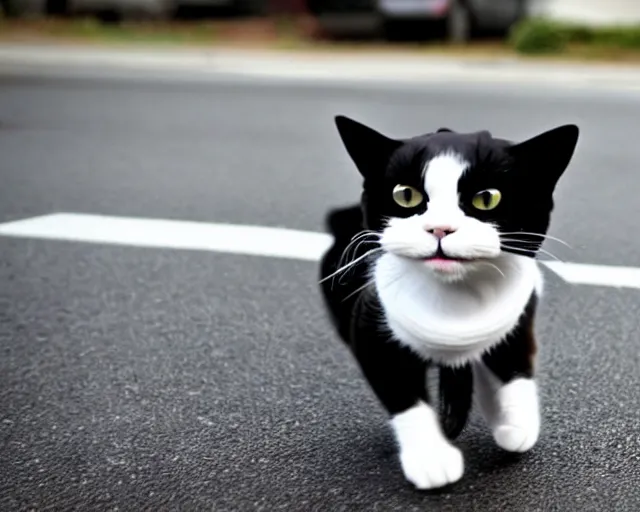 Prompt: a cat wearing tuxedo in a hurry to get to work