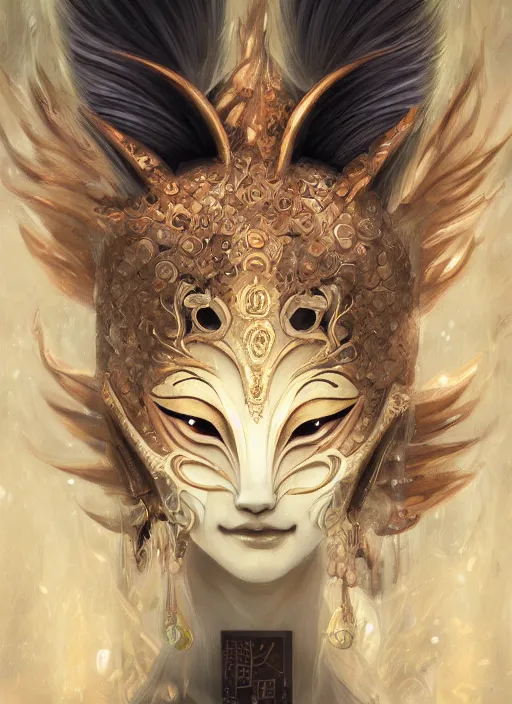 Image similar to a beautiful detailed oil on copper art illustration of a japanese kitsune mask woman, centered, by charlie bowater, zeng fanzh, trending on artstation, dim dusk lighting, cinematic lighting, detailed lighting, volumetric lighting, realistic, f 8, 4 k hd wallpaper