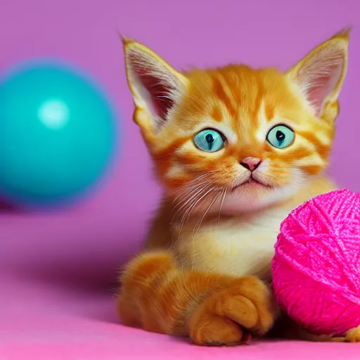 Prompt: orange tabby kitten playing with a ball of yarn, in lego, with pink background