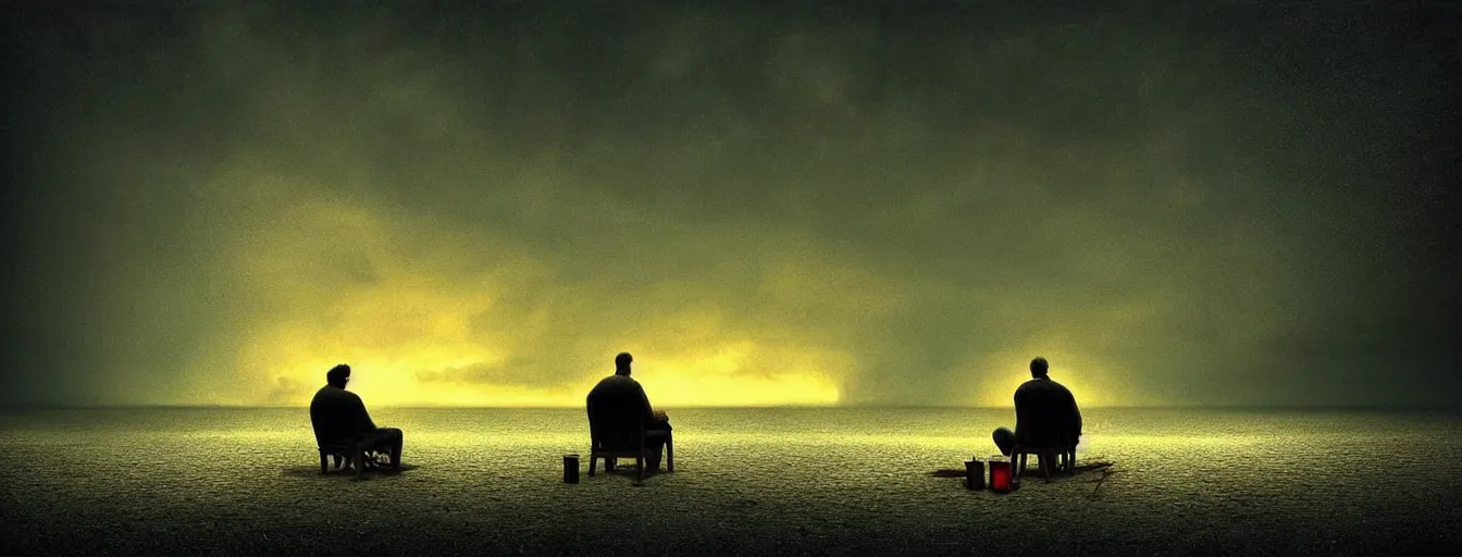 Prompt: gediminas pranckevicius a man sits beside a fire on the beach by a lake on a dark night. a great massive creature of shadow and terror rises out of the water barely visible in the darkness. modern supernatural thriller aesthetic inspired by gregory crewdson and frank miller, realistic painting.