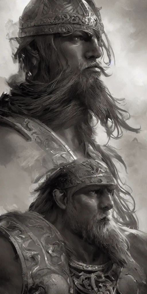 Image similar to highly detailed beautiful black and white photography of a viking, sharp focus, dynamic lighting, elegant harmony, beauty, masterpiece, by riccardo federici, by craig mullins, by greg tocchini, by greg rutkowski