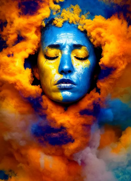 Prompt: full shot of a crying!!!! woman!!, covered in yellow and blue clouds, fiery, hurtful, shamanistic, cloudcore, by kim keever