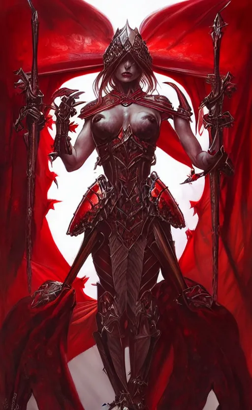 Image similar to Gothic crustacean muscular masculine-featured warrior queen in red and white chitin armor, fantasy, highly detailed, digital painting, artstation, concept art, smooth, sharp focus, illustration, art by artgerm and greg rutkowski and alphonse mucha