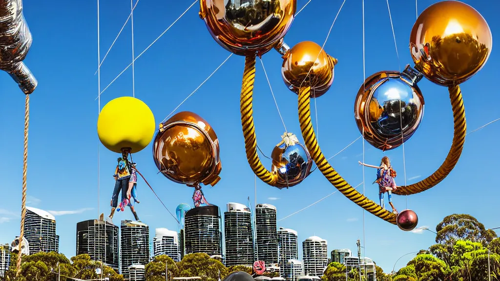 Image similar to large colorful futuristic space age metallic steampunk balloons with pipework and electrical wiring around the outside, and people on rope swings underneath, flying high over the beautiful brisbane in australia city landscape, professional photography, 8 0 mm telephoto lens, realistic, detailed, photorealistic, photojournalism