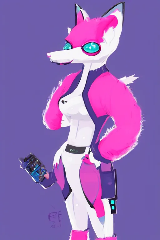 Image similar to a cute cyberpunk anthropomorphic fox with pink fur and blue eyes and a fluffy tail, comic art, trending on furaffinity, cartoon, kawaii, backlighting, furry art!!!, cel shading, concept art, lineless