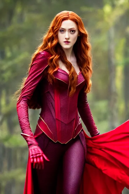 Prompt: Still of Katherine McNamara as the Scarlet Witch, gorgeous, sensual, full body shot, Ultra HD, TV, Fiction
