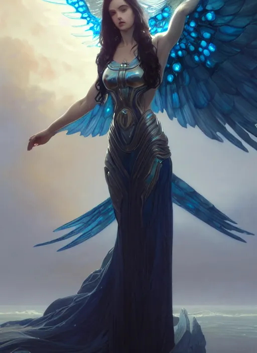 Image similar to a beautiful cinematic female archangel queen, fantasy sea landscape, fantasy magic, short aqua blue black fade hair, dark light night, intricate, elegant, sharp focus, illustration, highly detailed, digital painting, concept art, matte, art by WLOP and Artgerm and Greg Rutkowski and Alphonse Mucha, masterpiece