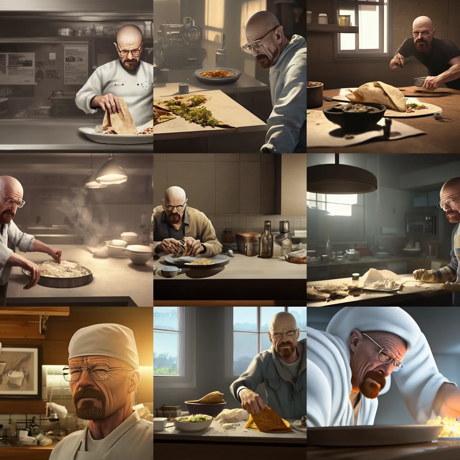 Image similar to walter white making a burrito, concept art by senior character artist, cgsociety, photorealism, reimagined by industrial light and magic, rendered in unreal engine, official art