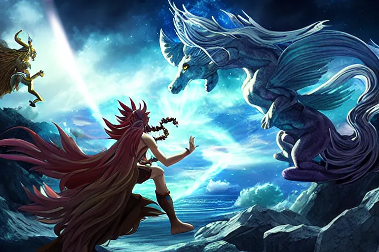 Image similar to summoner of mythical creatures fighting against the outer god. floating planets on the background, box office hit, fantasy, cosmic horror, unreal engine 5, high quality, highly detailed 8 k, art by hiroaki samura and jiro matsumoto and yao wang