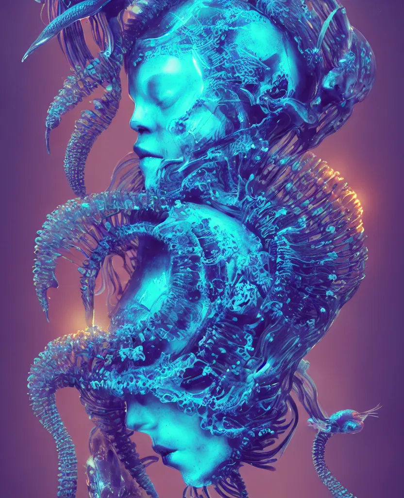 Image similar to goddess close-up portrait animal skull. jellyfish phoenix head, nautilus, orchid, skull, betta fish, bioluminiscent creatures, intricate artwork by Tooth Wu and wlop and beeple. octane render, trending on artstation, greg rutkowski very coherent symmetrical artwork. cinematic, hyper realism, high detail, octane render, 8k