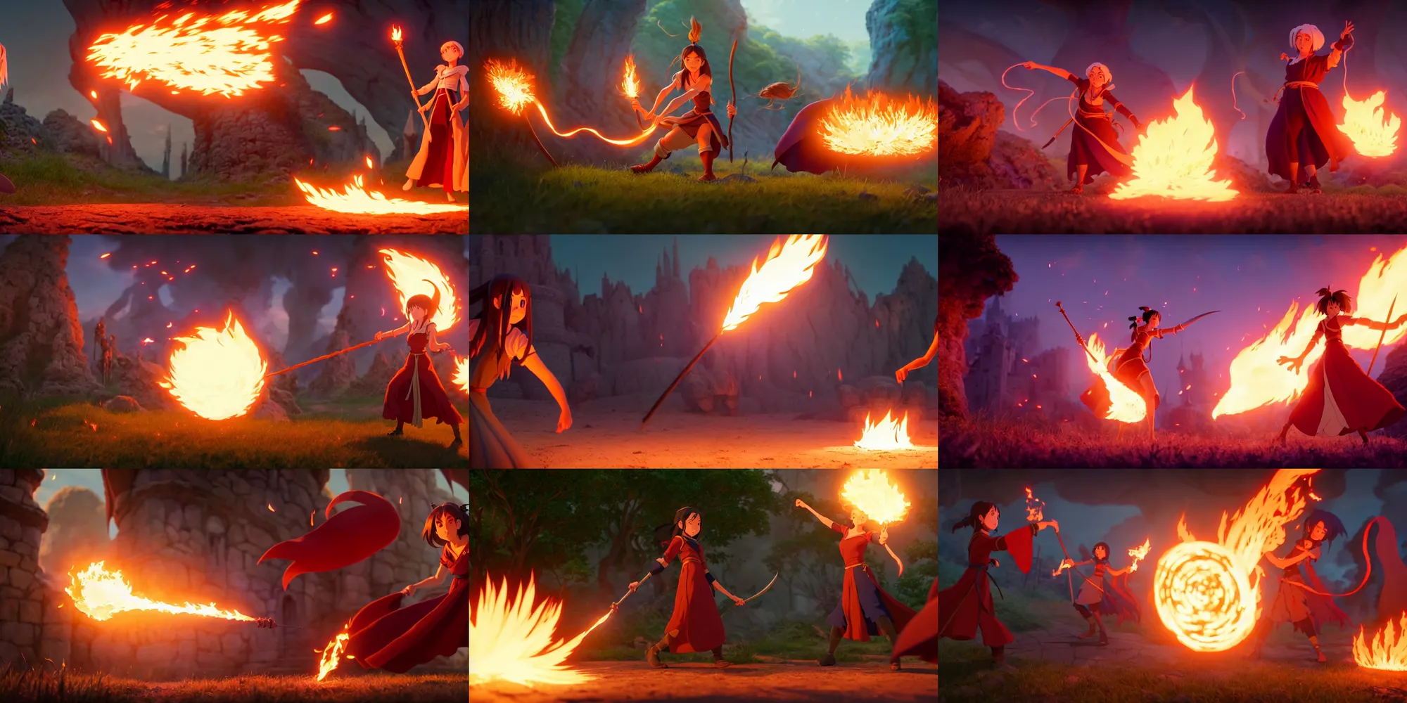 Prompt: a wholesome animation key shot of a sorceress using fire magic to defend her burning village from hordes of goblins, medium shot, action shot, studio ghibli, pixar and disney animation, sharp, rendered in unreal engine 5, anime key art by greg rutkowski, bloom, dramatic lighting