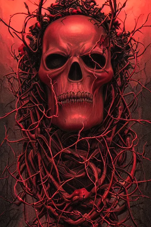 Image similar to realistic portrait beautiful detailed matte painting of cinematic movie scene a bleeding red skull, tentacles, black and red, thorns, vines, horror, created by gustave dore and greg rutkowski, high detailed, smooth draw, synthwave neon retro, intricate, realistic proportions, dramatic lighting, trending on artstation.