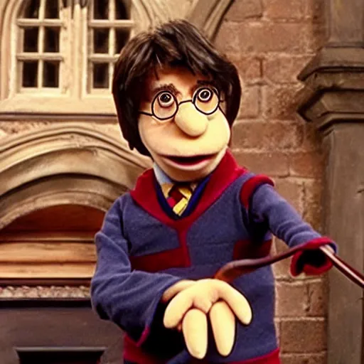 Image similar to A still of Harry Potter as a muppet, realistic photo