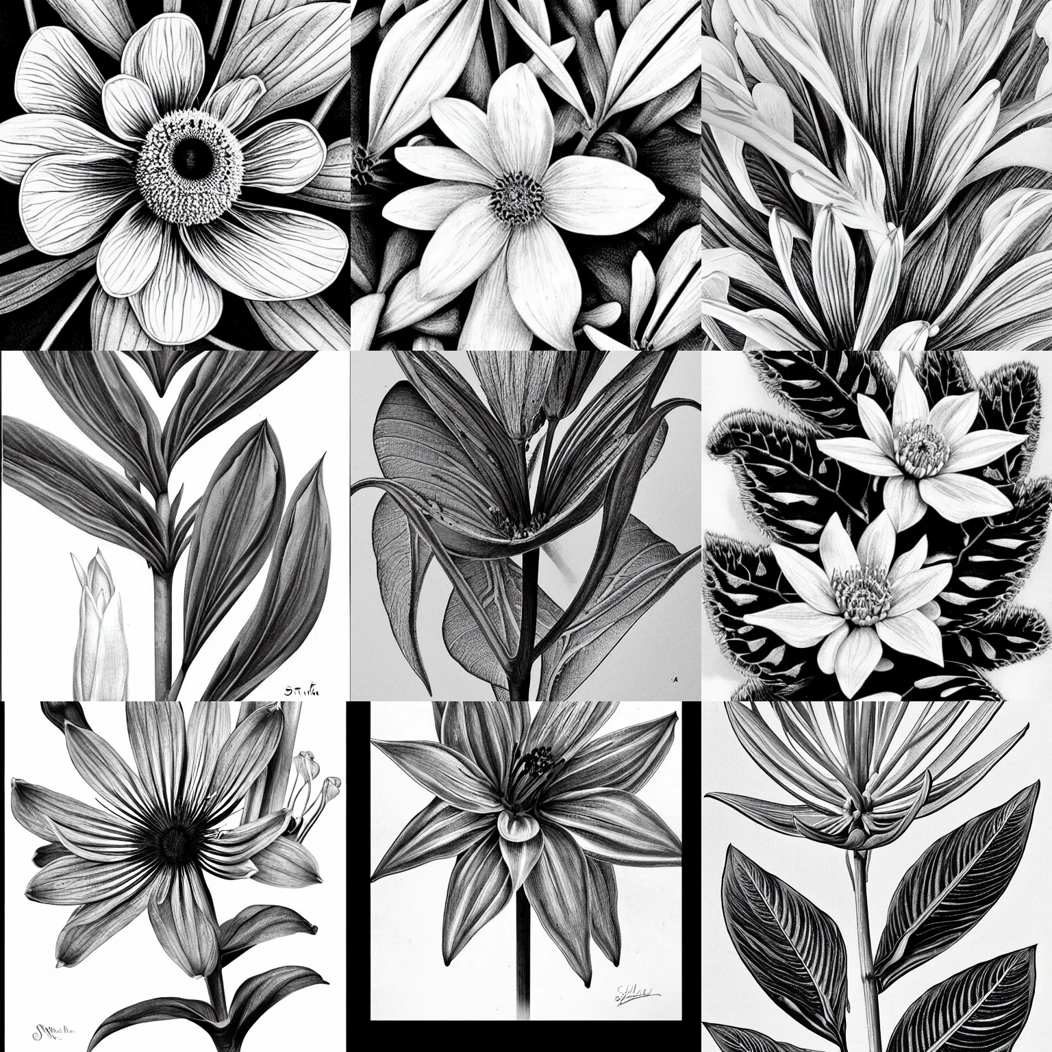 Prompt: detailed black and white botanical illustration, stella alpina flower, fine art