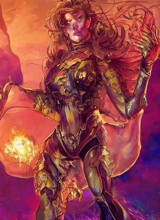 Image similar to front portrait hands behinds pose of attractive Starfire with ginger wavy hair , hands behind her pose!, Intricate overlay flames imagery , D&D!, fantasy style, sharp focus!, ultra detailed, art by Artgerm and Peter Andrew Jones, WLUP
