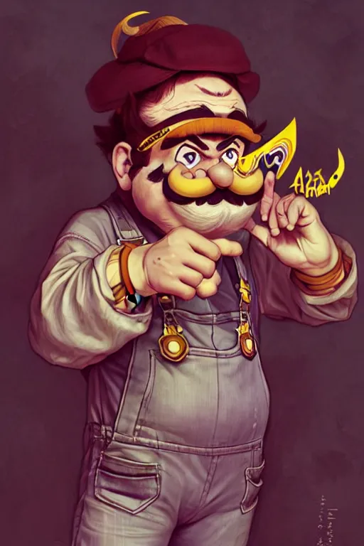 Prompt: portrait of Wario from WarioWare, dreamy and ethereal, overalls, chaotic, elegant, highly detailed, digital painting, artstation, concept art, smooth, sharp focus, illustration, art by artgerm and greg rutkowski and alphonse mucha