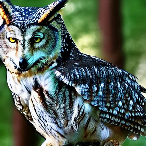 Image similar to mixture between an! owl and wolf, captured in a forest