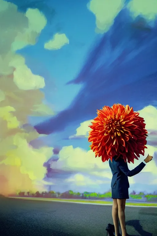Image similar to closeup giant dahlia flower head, girl in a suit, street, surreal photography, blue sky, sunrise, dramatic light, impressionist painting, digital painting, artstation, simon stalenhag