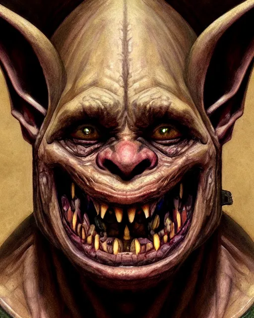 Image similar to closeup profile face portrait of a medieval goblin eating cakes in the cathedral, beautiful face, hyper realistic, highly detailed, digital painting, artstation, illustration, concept art by hyung tae, frank frazetta, bosch, giger, digital paint, matte paint, washed colors, dark, gloomy, detailed and intricate environment