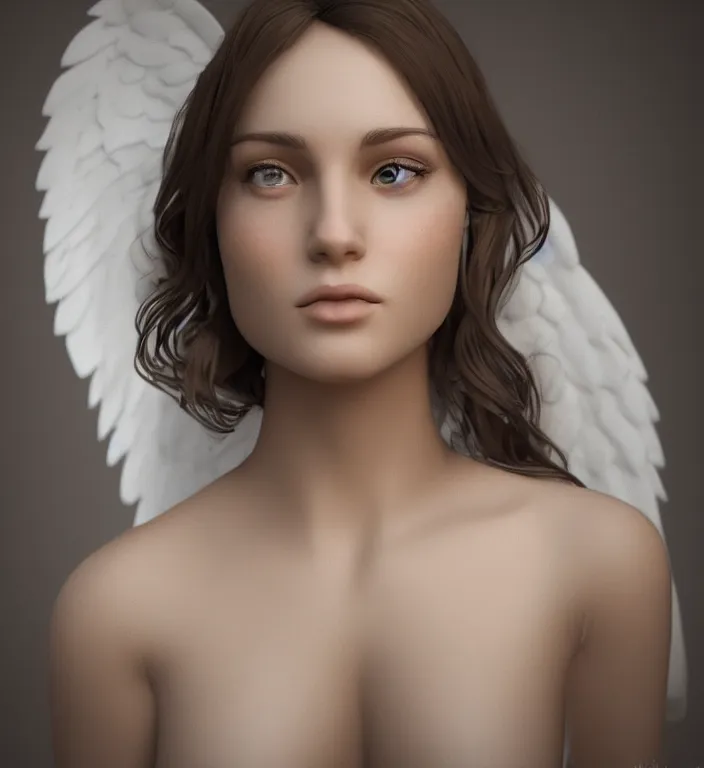 Image similar to centered waist up portrait of an angel, bokeh + DOF + 8k, photorealistic + rendered in vray + ultra realistic + backlit + strong rim light + HDRI, HD, Photoreal , by Andon Hristov, trending on artstation