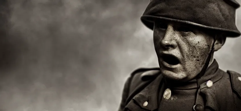 Prompt: horrified World War 1 soldier close-up, high contrast lighting, IMAX cinematic film still