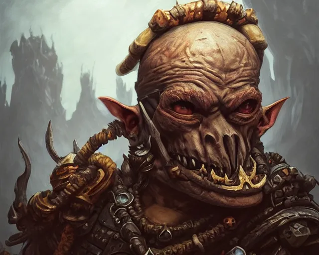 Image similar to a mind - blowing portrait of a goblin chieftain, wearing a human skull as a hat, deep focus, d & d, fantasy, intricate, elegant, highly detailed, digital painting, artstation, concept art, matte, sharp, illustration, hearthstone, art by artgerm and greg rutkowski and alphonse mucha