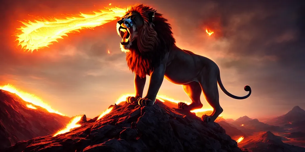 Prompt: Lion with scorpion tail and bat wings on a top of a mountain breathing fire to the sky, art by Peter Tang and artgem and Greg Rutkowski, highly detailed, fantasy, digital art, 8k, volumetric lighting