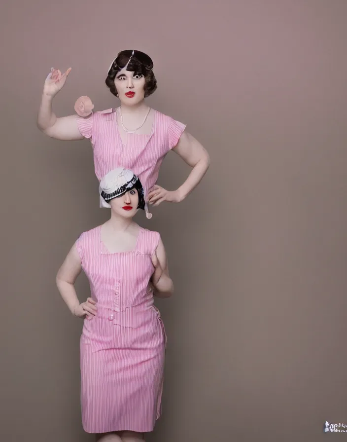 Prompt: a person with the proportions of a Funko Pop, posing for a portrait, wearing 1920s attire, muted colors, studio lighting, pink striped wallpaper backdrop, 8k