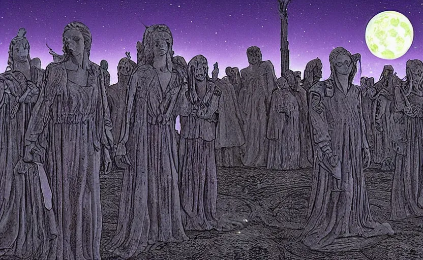 Image similar to the weeping angels from doctor who battle an army of robots in graveyard at night, by moebius, moonlight, panoramic view, pastel colors