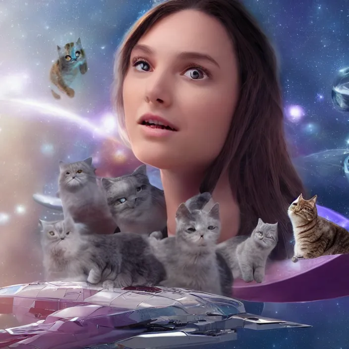 Image similar to the face of a beautiful girl from the future, surrounded by cats, flies in a spaceship, detailed, concept matte painting