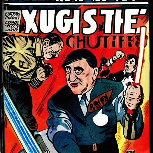 Image similar to comic book of angry jews with lightsabers and adolf hitler accurate eyes high detail