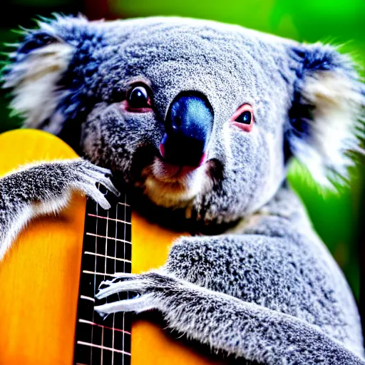 Image similar to a koala playinga guitar, modelsociety, radiant skin, huge anime eyes, rtx on, perfect face, directed gaze, canon, symmetric balance, polarizing filter, photolab, lightroom, 4 k, dolby vision, photography award