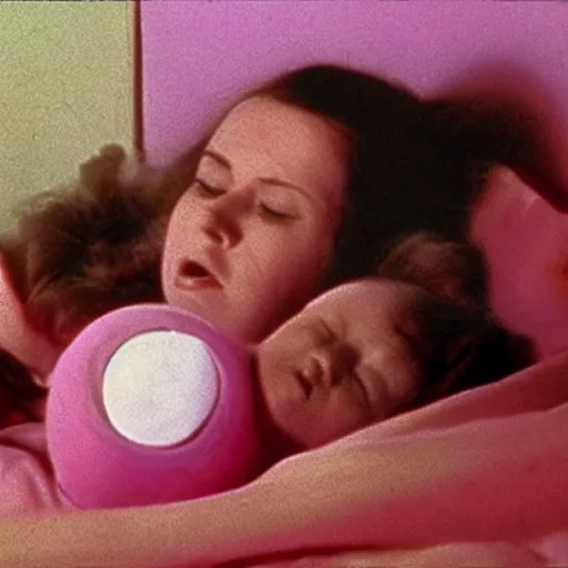 Image similar to woman who has given birth to a squishy inflatable toy, in hospital bed, Fellini film, 1974 archival footage, technicolor film expired film, 16mm, wacky children's tv