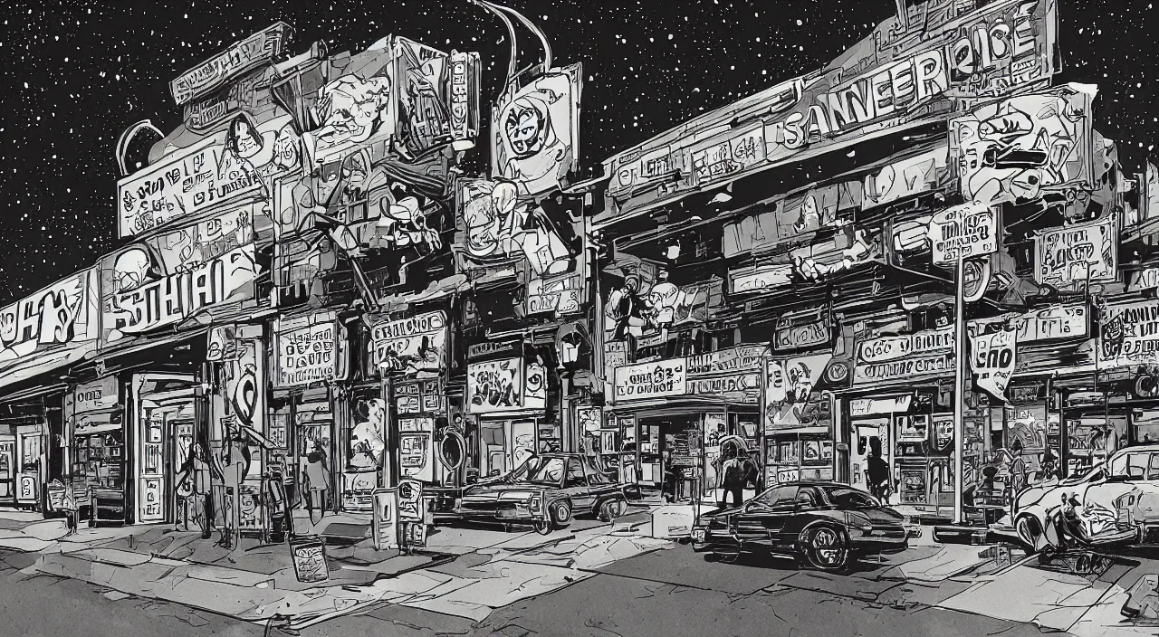 Prompt: convenience store roadside south west night sky stars beautiful artstation 4 k breathtaking graphic novel concept art illustration cartoon by jack kirby