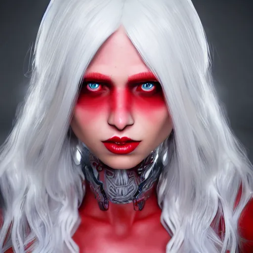 Prompt: a highly detailed portrait of a humanoid demon girl with white hair, red horns, in white clothes, red eyes, artstation, deviantart, professional, unreal engine 5, photorealistic