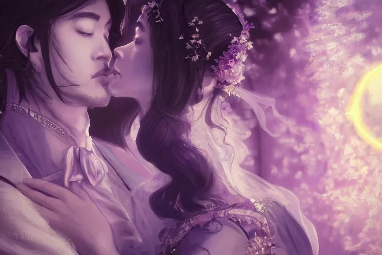 Image similar to a cinematic portrait of wedding photograph jpeg close up moment of a divine a japan sun god and moon goddess lovers magician at a wedding banquet. portraiture. digital painting. artstation. concept art. fantasy wedding photo. digital painting, 8 k realistic, hyper detailed, violet evergarden art masterpiece by art by krenz cushart