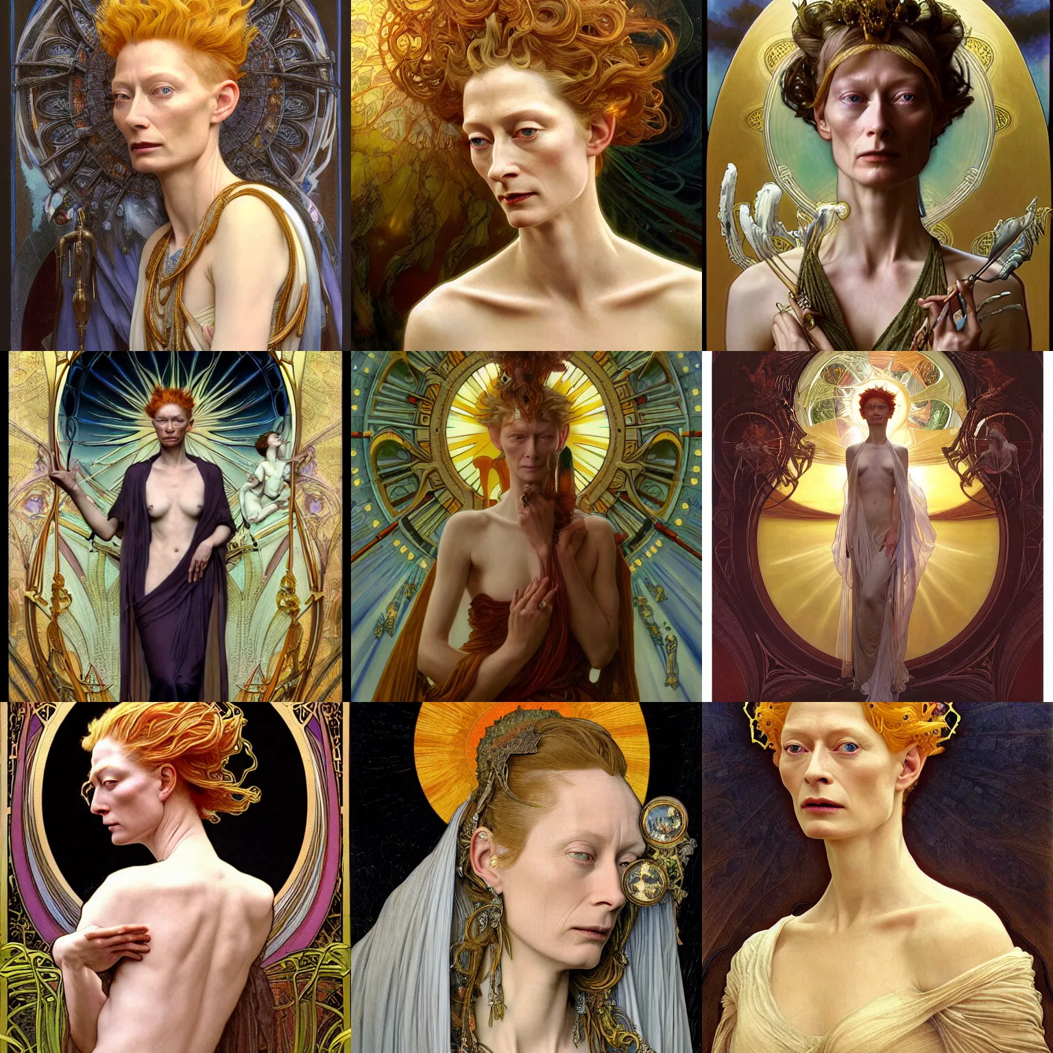 Prompt: stunning, breathtaking, awe-inspiring award-winning detailed portrait concept art nouveau painting of attractive Tilda Swinton as the goddess of the sun, with anxious, piercing eyes, by Alphonse Mucha, Michael Whelan, William Adolphe Bouguereau, John Williams Waterhouse, and Donato Giancola, cyberpunk, extremely moody lighting, glowing light and shadow, atmospheric, cinematic, 8K