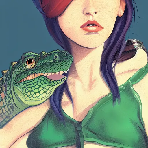 Prompt: a crocodile girl upper body, a portrait, looking at the viewer, digital painting, trending on artstation, high quality, high detail