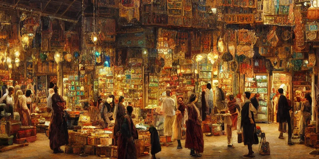 Image similar to Highly detailed romantic period oil painting of a Middle Eastern bazaar, strong atmosphere, oil painting masterpiece by Josep Tapiró Baró, symmetry, fractals