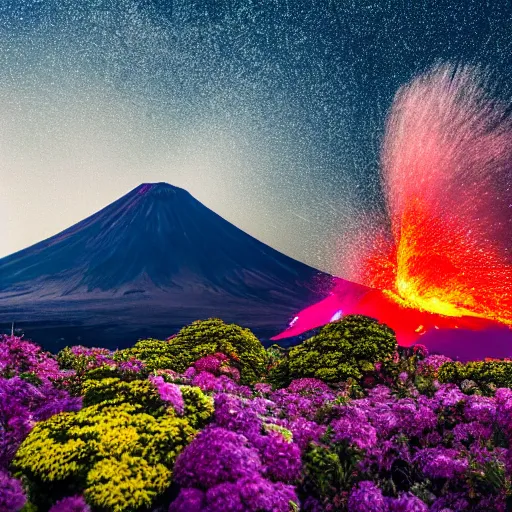 Prompt: photo of a volcano in eruption with a lot of flowers, bright shootings stars in the sky in the background, highly detailled, 4 k