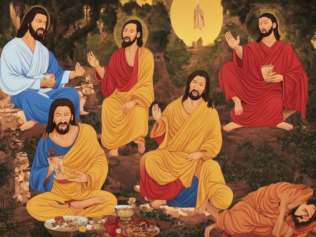 Prompt: jesus and buddha sit drink and laugh together in dessert, hyperrealistic picture,with keanu reves as jesus and jackie chan as buddha,winning of of religion tolerance award 2055,4k,details