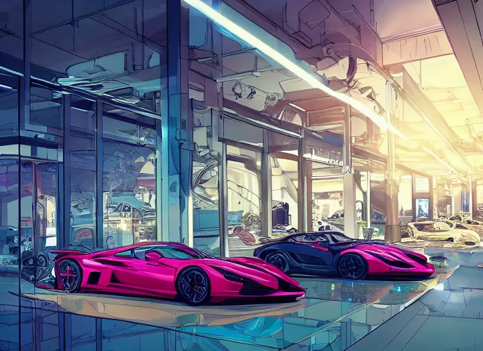 Image similar to large fancy showroom for cars, but ( no people ) and ( ( no cars ) ). sharp focus, cinematic pose, cinematic lighting, unreal engine render. art by josan gonzales and moebius and deathburger.