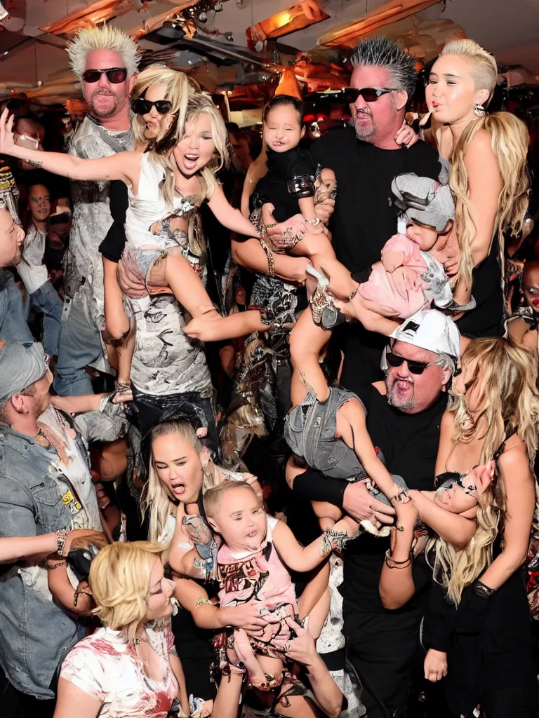 Image similar to olivia munn and miley cyrus and guy fieri holding their baby in a mosh pit