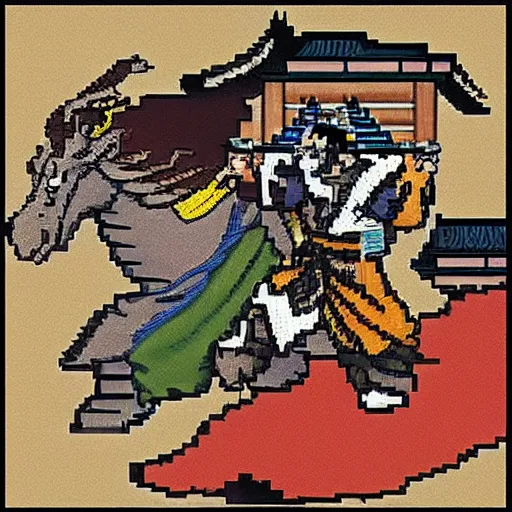 Prompt: a pixel art of a samurai versus a loong, eastern mythology