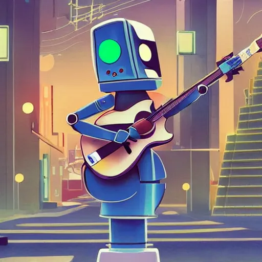 Image similar to A cell animation of a robot playing guitar standing in a futuristic city street, macross, gundam, ghibli style, illustration, anime, trending on artstaion