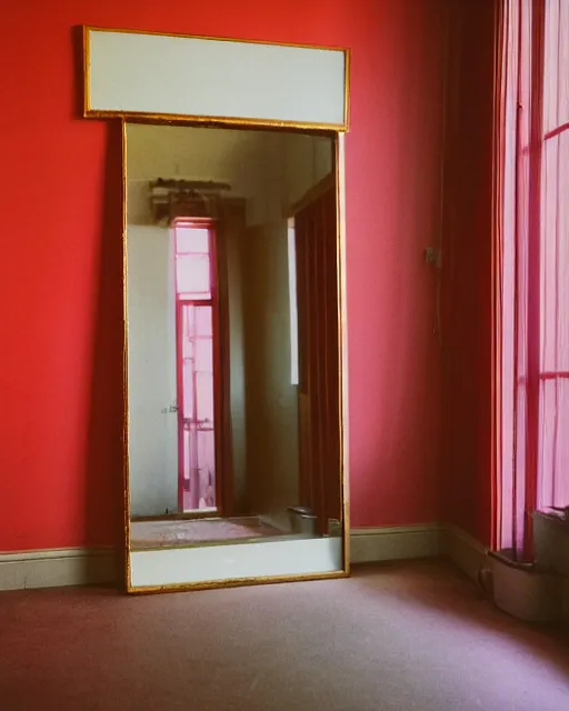 Image similar to photography from 7 0 s, mirror in red room interior in golden hour, soft light, no focus, in style of street photography from 1 9 7 0