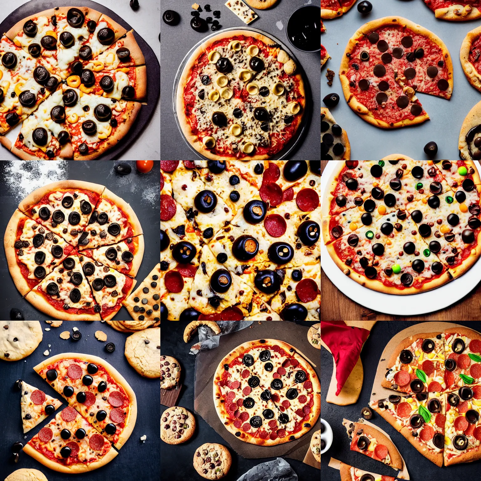 Prompt: a pizza topped with cookies and pepperoni and black olives and cookies, professional food photography