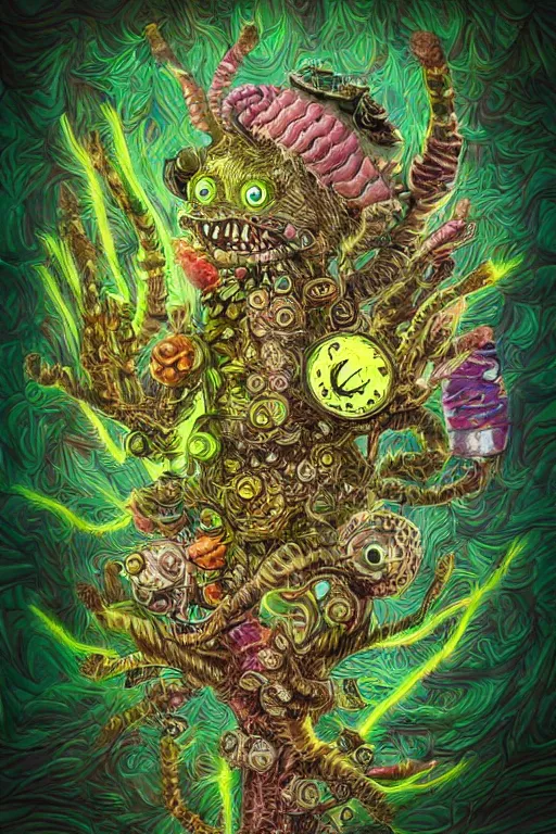 Image similar to creature sushi roots cactus elemental flush of force nature micro world fluo light deepdream a wild amazing steampunk baroque ancient alien creature, intricate detail, colorful digital painting